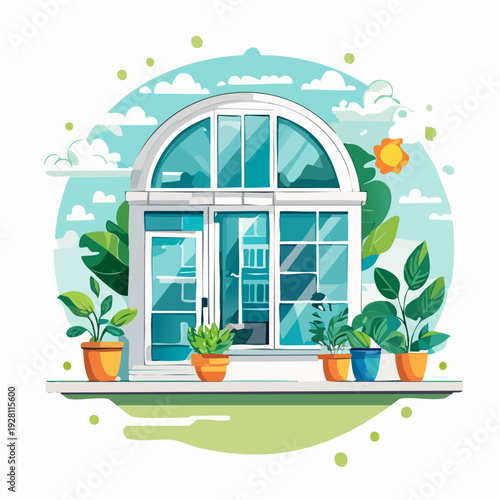 Serene arched window with vibrant green house plants, bathed in natural light and fresh spring air