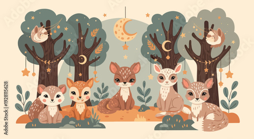 Cartoon Forest Animals Gathering Under Trees.