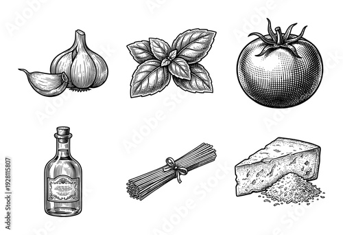 Vintage woodcut style collection of italian food ingredients featuring garlic basil tomato olive oil pasta and parmesan cheese