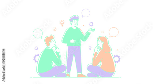 Illustration of man speaking to two people.