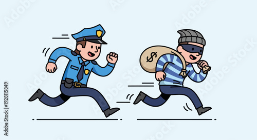 Police Officer Chasing Thief with Money Bag.