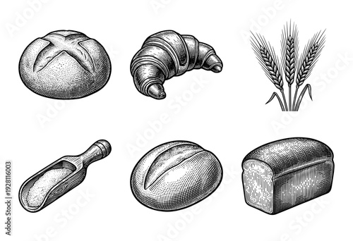 Vintage style engraving collection of bakery products featuring rustic bread loaves, buttery croissant, organic wheat stalks, and a wooden flour scoop.