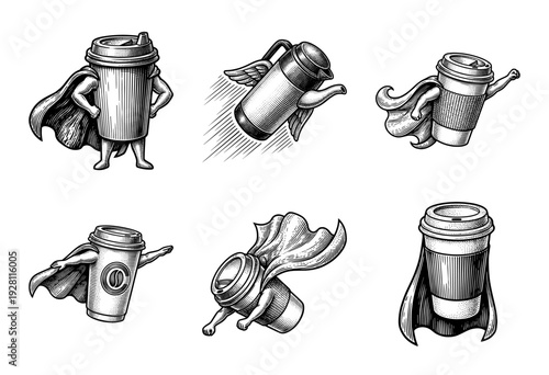 Vintage woodcut style collection of superhero coffee cup characters and flying caffeine carafes in various action poses