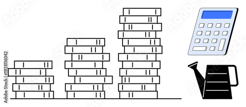 Investment strategies, financial growth, savings management, wealth accumulation, business profits, budgeting. Stacks of coins, a calculator and a watering can. Financial growth and savings