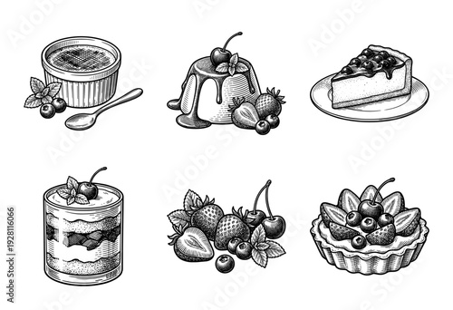 A collection of vintage hand drawn dessert illustrations featuring cheesecake, pudding, fruit tart, and berries in a detailed woodcut engraving style.