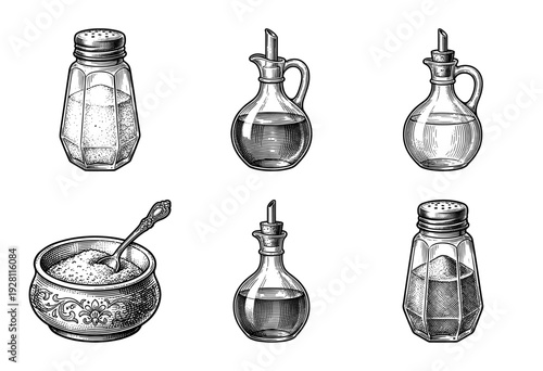 Vintage engraving style collection of kitchen seasoning containers including salt shakers, oil carafes, and a decorative sugar bowl.