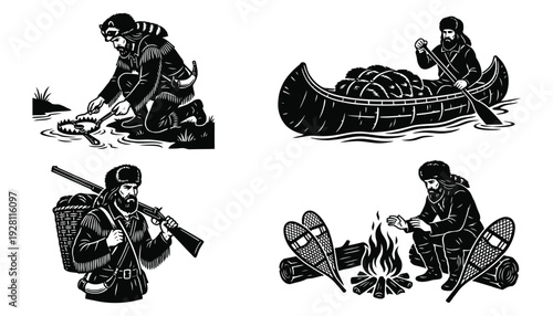Vintage Frontier Trapper Life Illustrations