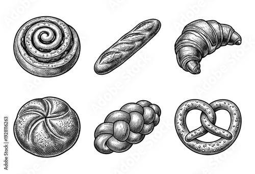 Vintage woodcut style collection of assorted bakery products and artisan bread rolls on white