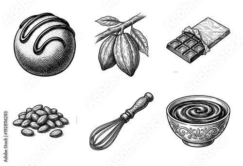 Vintage style engraving of chocolate production elements including cocoa pods beans truffles and a whisk