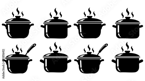 Set Of Eight Steaming Hot Cooking Pot Icons For Kitchen Graphic Design
