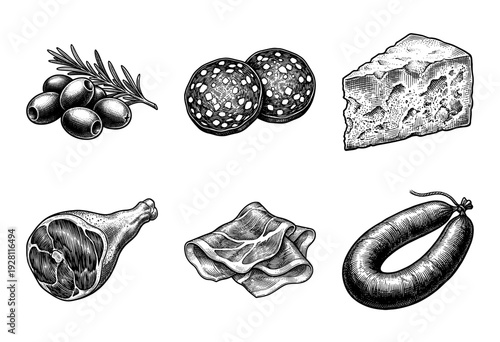 Vintage engraving style collection of charcuterie elements including olives, salami slices, cheese wedge, ham hock, prosciutto, and whole sausage.