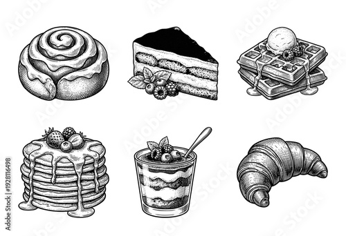 Vintage hand drawn engraving of sweet bakery treats and desserts including cinnamon roll pancakes waffles cake and croissant