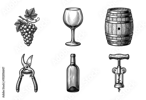 Vintage engraving style collection of wine making and viticulture icons featuring grapes, glass, barrel, pruner, bottle, and corkscrew.