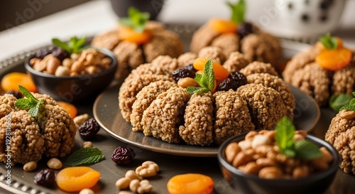 Traditional Moroccan Sesame Nut Pastry Balls Plated with Dried Apricots Raisins Pine Nuts Mint Garnish
