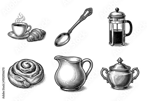Vintage woodcut style coffee set collection featuring french press, pastries, cream pitcher, and ornate sugar bowl illustrations.