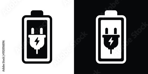 Battery icon containing a power plug symbol with a bolt. Professional vector graphic for connected power sources, wall charging, and electrical energy connectivity concepts.