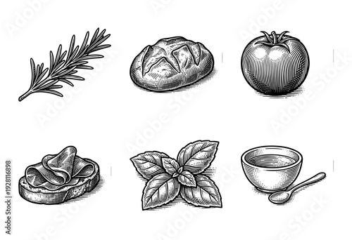 Set of rustic woodcut style culinary illustrations featuring sourdough bread, fresh tomato, rosemary sprigs, basil leaves, prosciutto appetizer, and a small bowl with spoon.