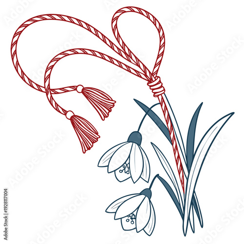 Martenitsa with snowdrops and blue red braided cord for spring celebration cultural symbol