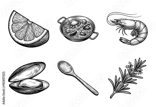 Vintage woodcut style collection of seafood ingredients and paella pan featuring shrimp mussel lemon and rosemary sprig