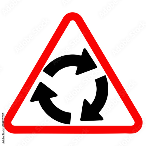 Roundabout Warning Traffic Road Sign Icon Illustration With Red Border Black Arrows
