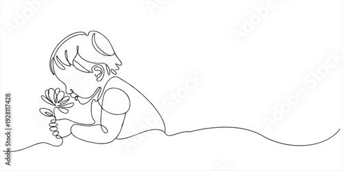 Child smelling flower in continuous line art drawing style. Small girl squatted down to sniff the fragrant flower. one line Art icon drawing.  Minimalist One Line Drawing of a Girl Smelling a Flower.