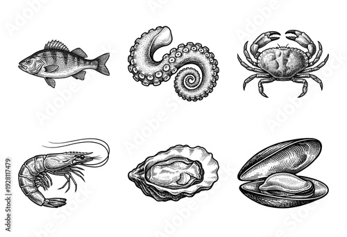 Vintage engraving set of seafood icons including fish, octopus tentacle, crab, shrimp, oyster, and open mussel shell in black and white woodcut style.