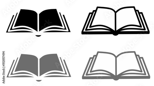 Vector illustration of open book icon set. Open book icons in black and grey styles, perfect for education, library, and reading designs