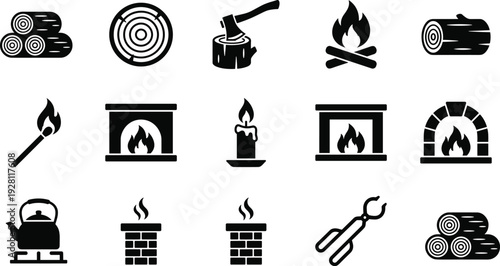 Fireplace and Campfire Icon Set Featuring Firewood, Flame, Chimney, Candle, Kettle and Heating Silhouettes for Outdoor and Home Design