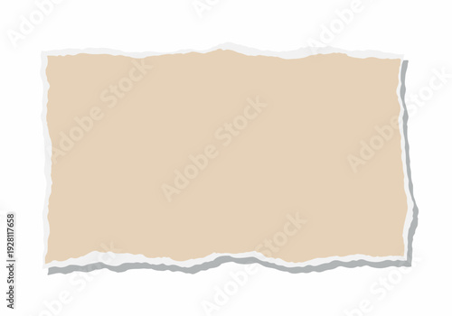 A torn piece of light brown paper with a rough, torn edge, casting a soft shadow on a white background, perfect for design elements and creative projects