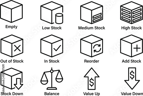 Inventory stock management line icons set showing empty low medium high stock reorder balance value up and down logistics symbols