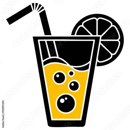 Refreshing orange juice glass icon with straw and citrus slice for beverage