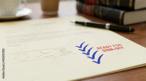 Professional business document paper ready for sign off with blue check mark graphic showing successful finalized agreement contract concept on wooden office desk with pen and books background