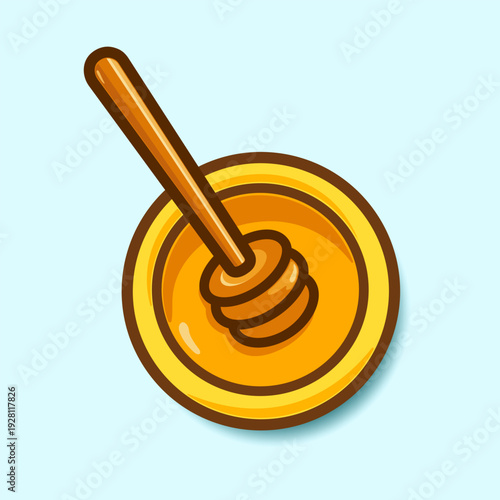 Honey dipper in bowl with honey. Flat vector illustration isolated on light blue background. 
