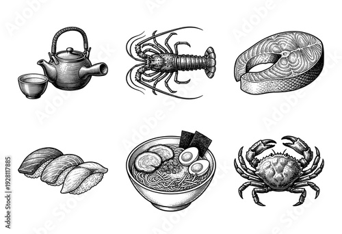 Vintage woodcut illustration collection of Japanese cuisine and seafood including ramen, sushi, teapot, lobster, crab, and salmon steak.