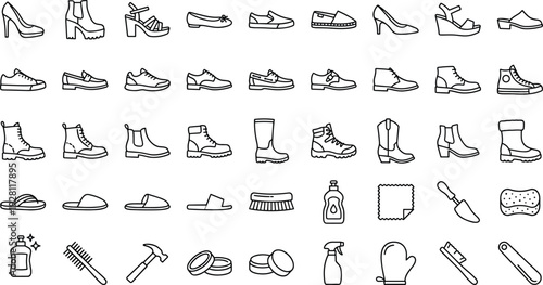 Black and white footwear icons, high heels, sneakers, boots, sandals, slippers, loafers, shoe care tools, brushes, polish, cleaning essentials