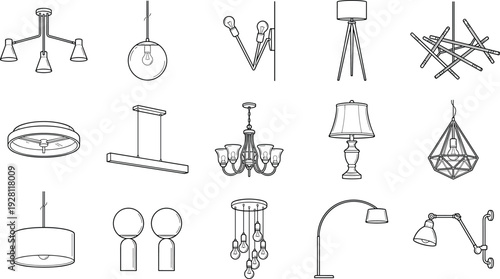Black and white lighting fixture icons, ceiling lights, wall lamps, floor lamps, table lamps, pendant lights, modern, classic, ornate designs