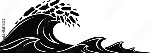 Black and white ocean wave silhouette with plastic pollution debris, environmental vector illustration, marine ecosystem awareness, water conservation concept artwork