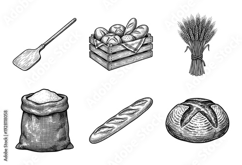 Vintage hand drawn bakery collection featuring bread loaves, wheat stalks, flour sack, and wooden peel in woodcut engraving style