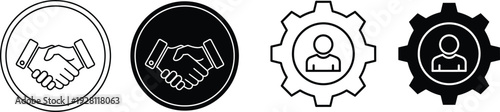 Handshake and Partnership Icon Set – Business Agreement, Deal, Collaboration and Teamwork Black and White Vector Collection