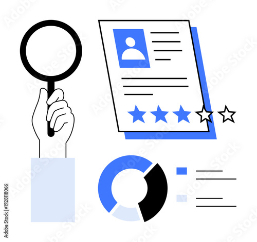Hand holding magnifying glass, detailed resume with photo and ratings, pie chart, and data lines. Ideal for hiring, recruitment, evaluation, analysis, job search performance review simple flat