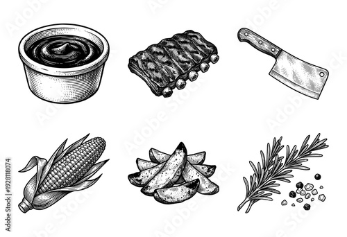Set of hand drawn barbecue food icons including ribs, dipping sauce, corn, potato wedges, and a meat cleaver in vintage engraving style