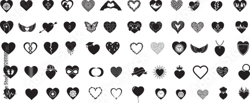 Heart Silhouette Vector Icons Bundle, Black Heart Shapes, Love Symbol Graphics, Romantic Design Elements, Isolated Transparent Illustrations
