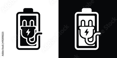 Battery icon featuring a power plug with a curved cord. High-quality vector illustration for charging cables, power connectivity, and electrical device refueling status.