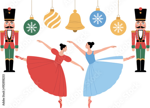 Christmas Ballet Scene with Ballerinas Toy Soldiers Festive Ornaments Nutcracker Theme Holiday Celebration CAD Flat Vector Illustration