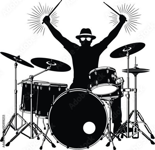 Drummer Performing on Drum Kit Silhouette Illustration with Raised Drumsticks Representing Live Music Performance, Concert Energy and Rock Band Concept