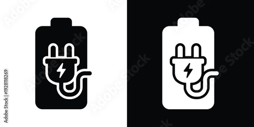 Battery icon featuring a power plug with a curved cord. High-quality vector illustration for charging cables, power connectivity, and electrical device refueling status.