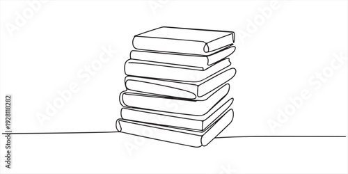 Continuous one line drawing of a diverse collection of books on a shelf, upright and leaning, representing education, knowledge, and literary wisdom. Continuous one line drawing of a closed book. 