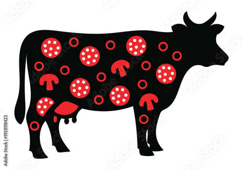 Black cow silhouette with red spots and white dots on body side view standing