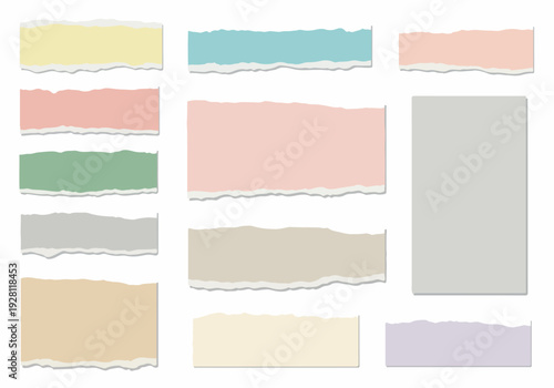 Set of Torn Paper Pieces in Various Pastel Colors and Sizes, Realistic Texture, Graphic Elements for Design
