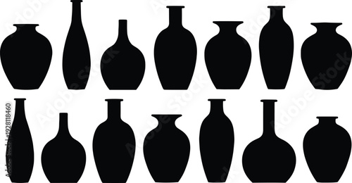 Black vase silhouettes collection, modern and traditional pottery shapes, decorative art design, ceramic vessel forms, minimalist style, home decor inspiration
